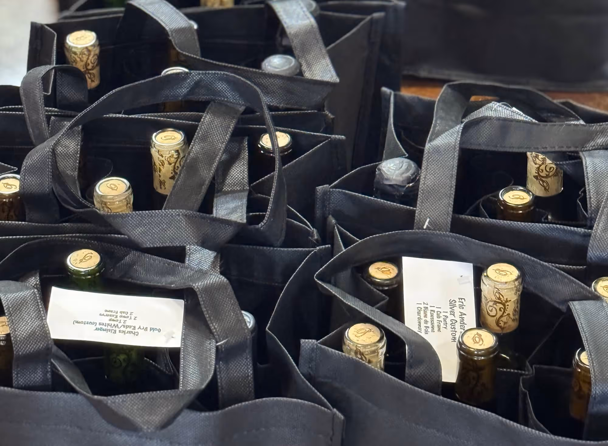 Wine club pickup party totes at 3 P's Winery in Athens TX